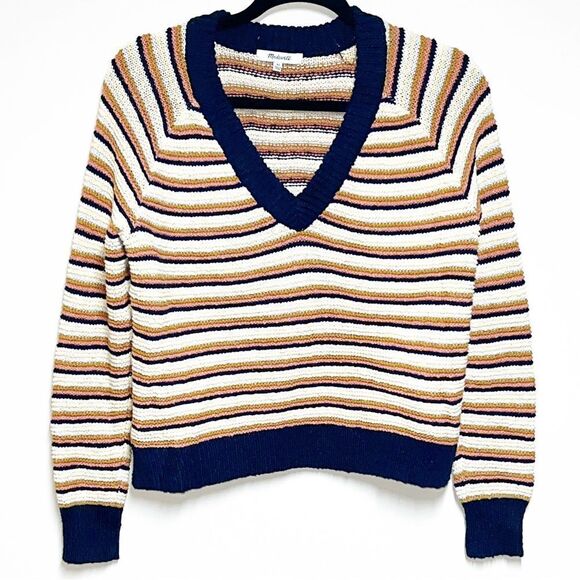 Madewell Arden Striped V Neck Madewell Crop Pullover Sweater Cotton Size Small - Picture 3 of 10